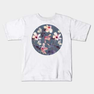 Butterflies and Hibiscus Flowers - a painted pattern Kids T-Shirt